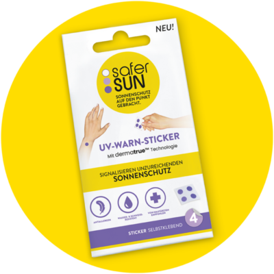 saferSUN 4er Pack UV-Warnsticker auf gelbem Hintergrund