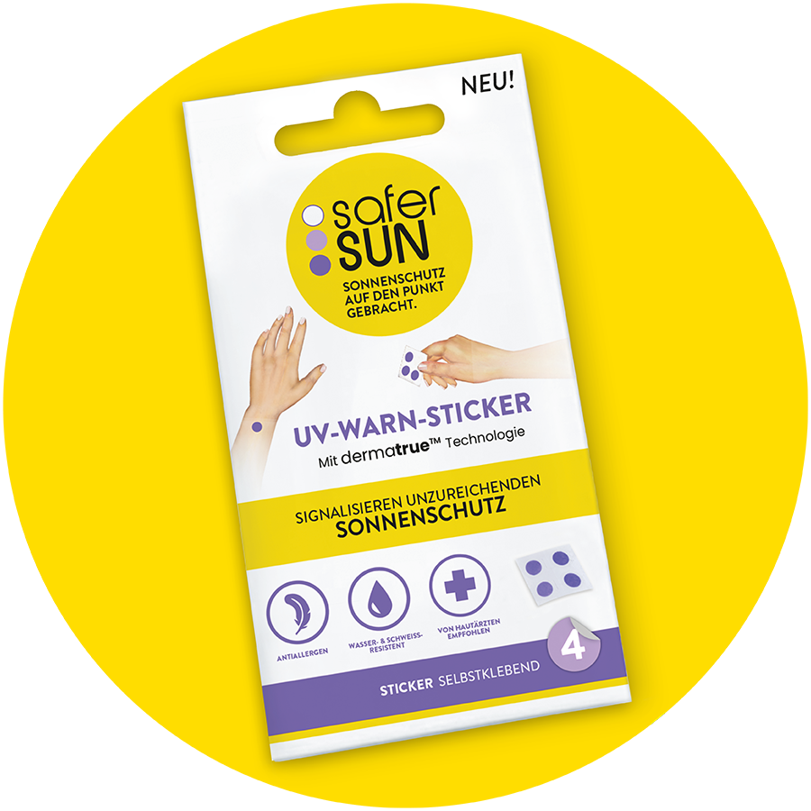 saferSUN 4er Pack UV-Warnsticker auf gelbem Hintergrund